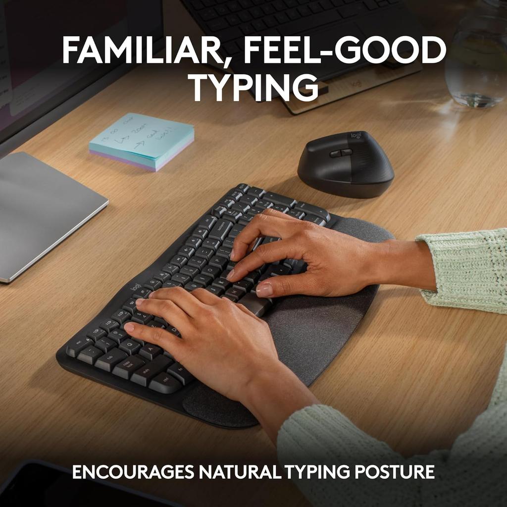 Logitech WAVE KEYS ergonomic keyboard, wireless Bluetooth dual-mode with built-in palm rest, comfortable office multi device connection