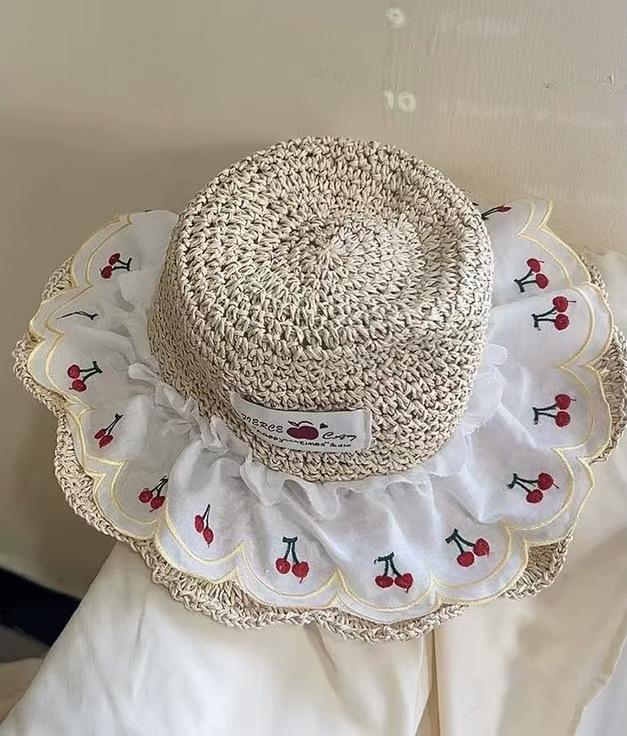 Sweet Hollow Seaside Vacation Straw Hat Women's Summer Sunscreen Straw Hat Big Brim Lace Sunshade Beach Parent-child Hat