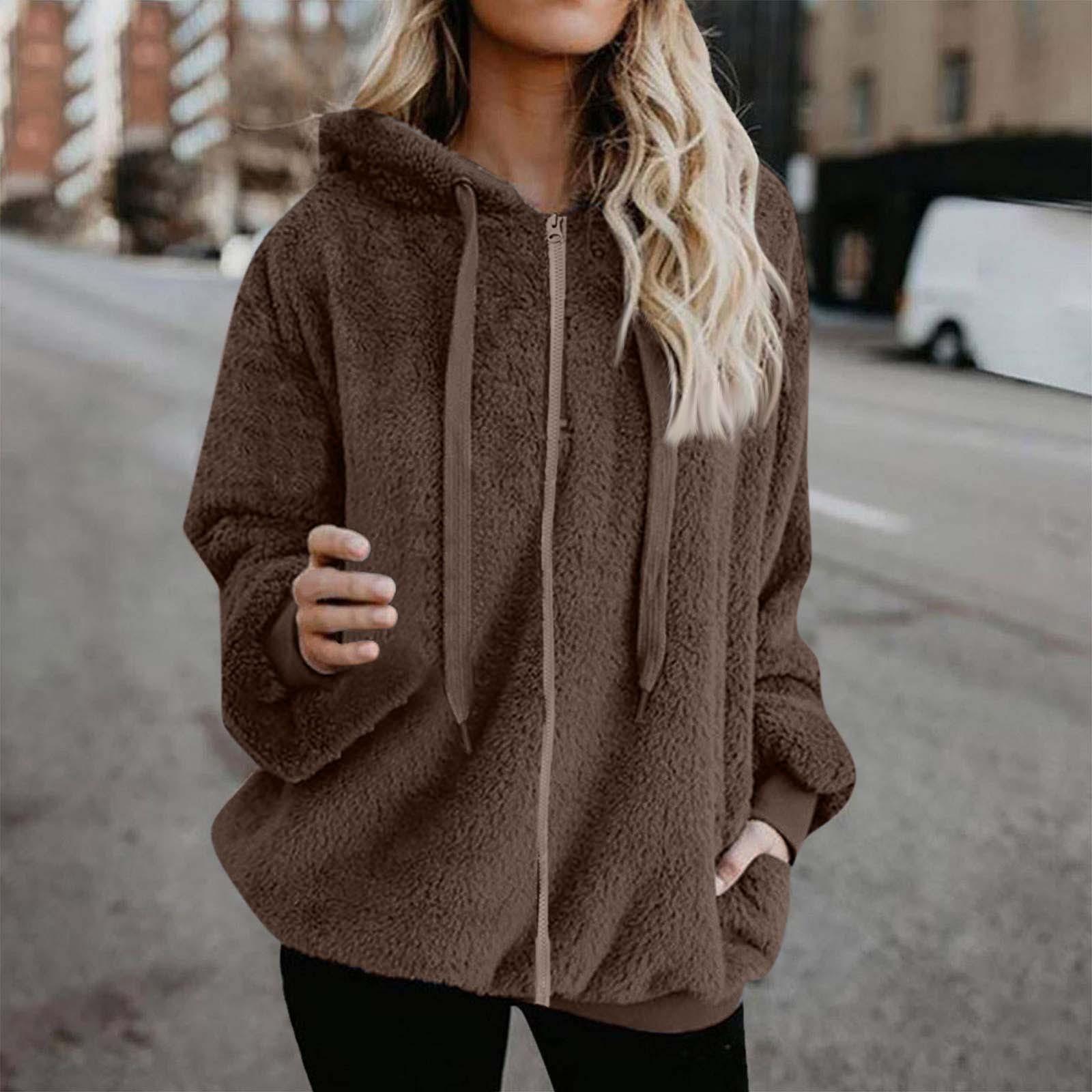 

Женская мода повседневное однотонное пальто с длинным рукавом плюшевая куртка на молнии с капюшоном XL коричневый