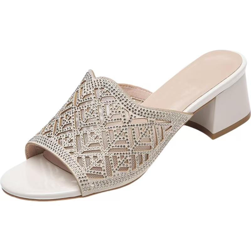 

Women s Summer Block Heel Rhinestone Slippers Open Toe Soft Sole Non Slip Leather Mesh Hollow Out Outdoor Slippers Sandals 35 бежевий