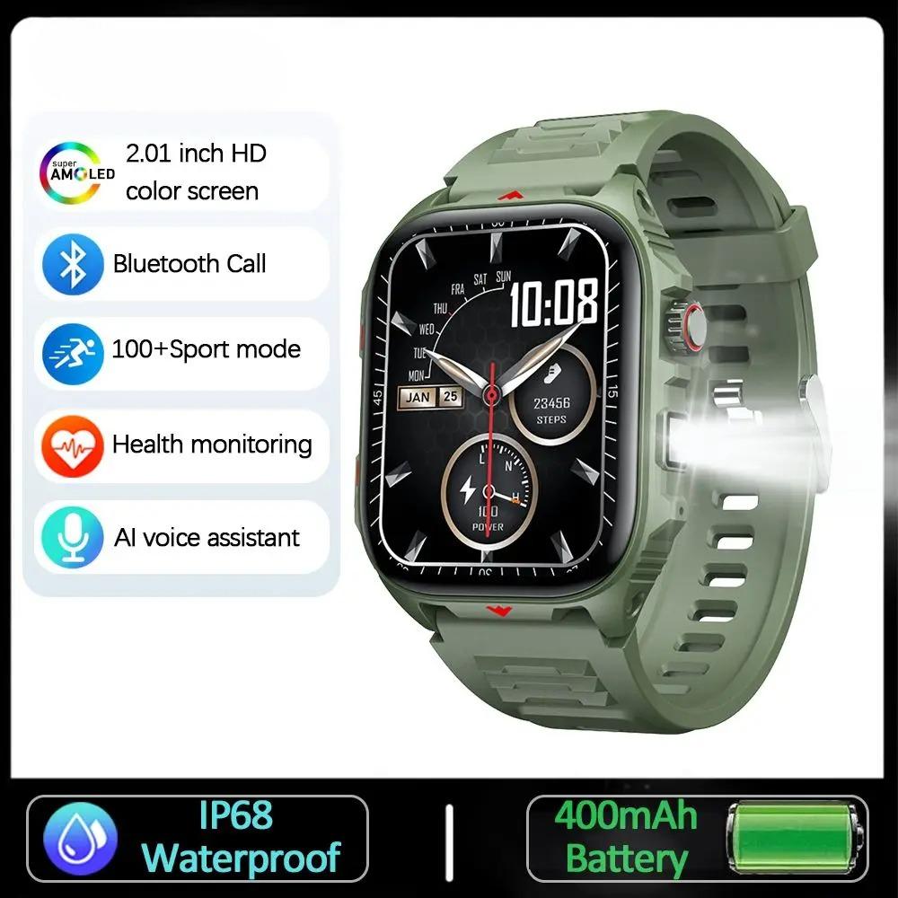 New Military Outdoor Smart Watch Men IP68 Waterproof LED Flashlight 400 mAh Battery Health Monitoring Bluetooth Call Smartwatch