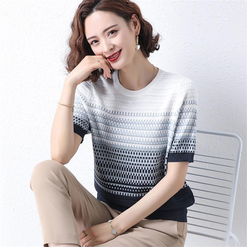 Women's Plus Size Striped Short Sleeved Knitted T-shirt Middle-aged Women's Clothing Ice Silk Knitted T-shirt