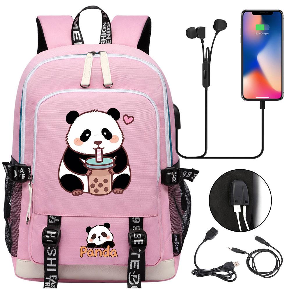 Kawaii Panda Print Tiener USB Laptop Rugzak Kinderen Jongens Meisjes Terug Naar School Boekentassen Vrouwen Mannen Reizen Rugzak