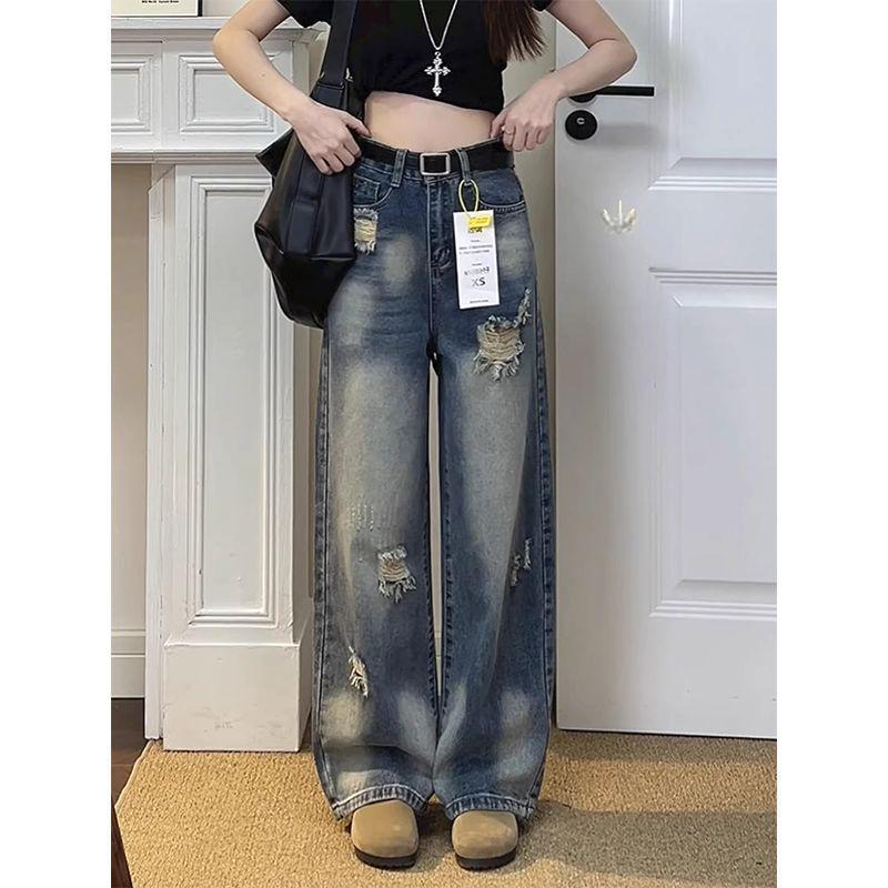 Petite High-Waisted Wide-Leg Ripped Retro Summer Jeans for Women - Floor-Length, Loose, Straight Fit