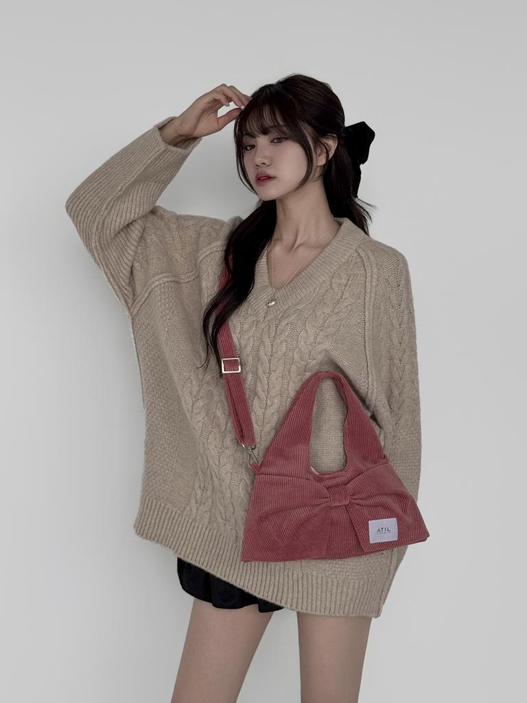 Atil Studio Corduroy Mini Ribbon Hobo Dot And Crossbody Bag _ [Dusty Pink]