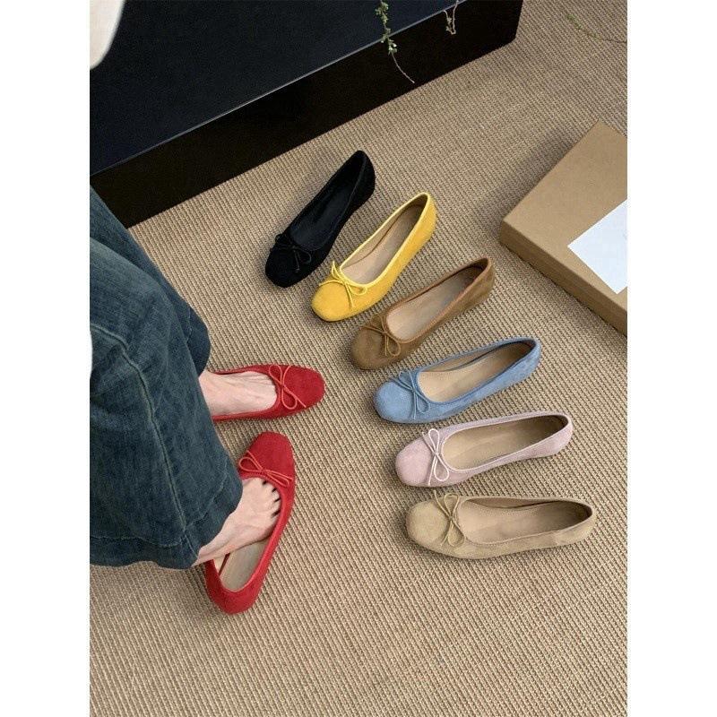 inner height increase suede light mouth red single shoes women's spring new thick-soled one-pedal ladyshoes with skirt yellow beanie shoes