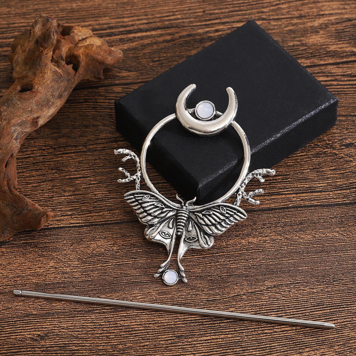 

Punk Style Moth Moon Phase Hairpin Retro Metal Inlaid Colorful Treasure Hairpin Gothic Party Niche Style Dressing Hair Accessory
