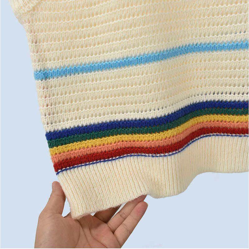 French Style Stripes Knitted Vest Women's Spring and Autumn Outdoor Sleeveless Waistcoat Vest Bandage Dress Short Sweater