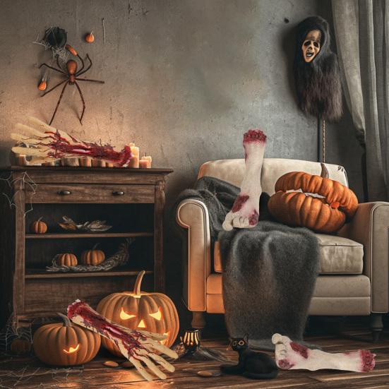 Halloween Fake Severed Hands Foot Prop Scary Blood Broken Dead Body Parts Realistic Latex Human Residual for Haunted House Prank Party Supplies