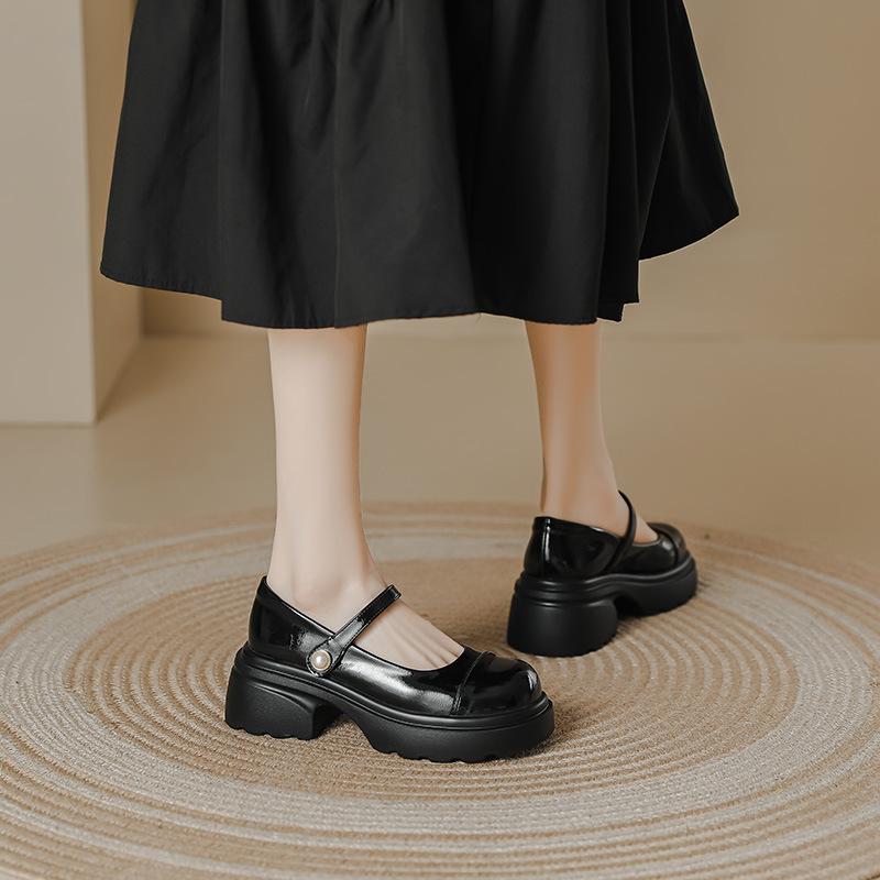 Silver Mary Jane Shoes Women's Pearl One-word Thick-soled Light-mouth Single Shoes Women's Small Fragrant Wind Round Head Thick Heel Jk Shoes
