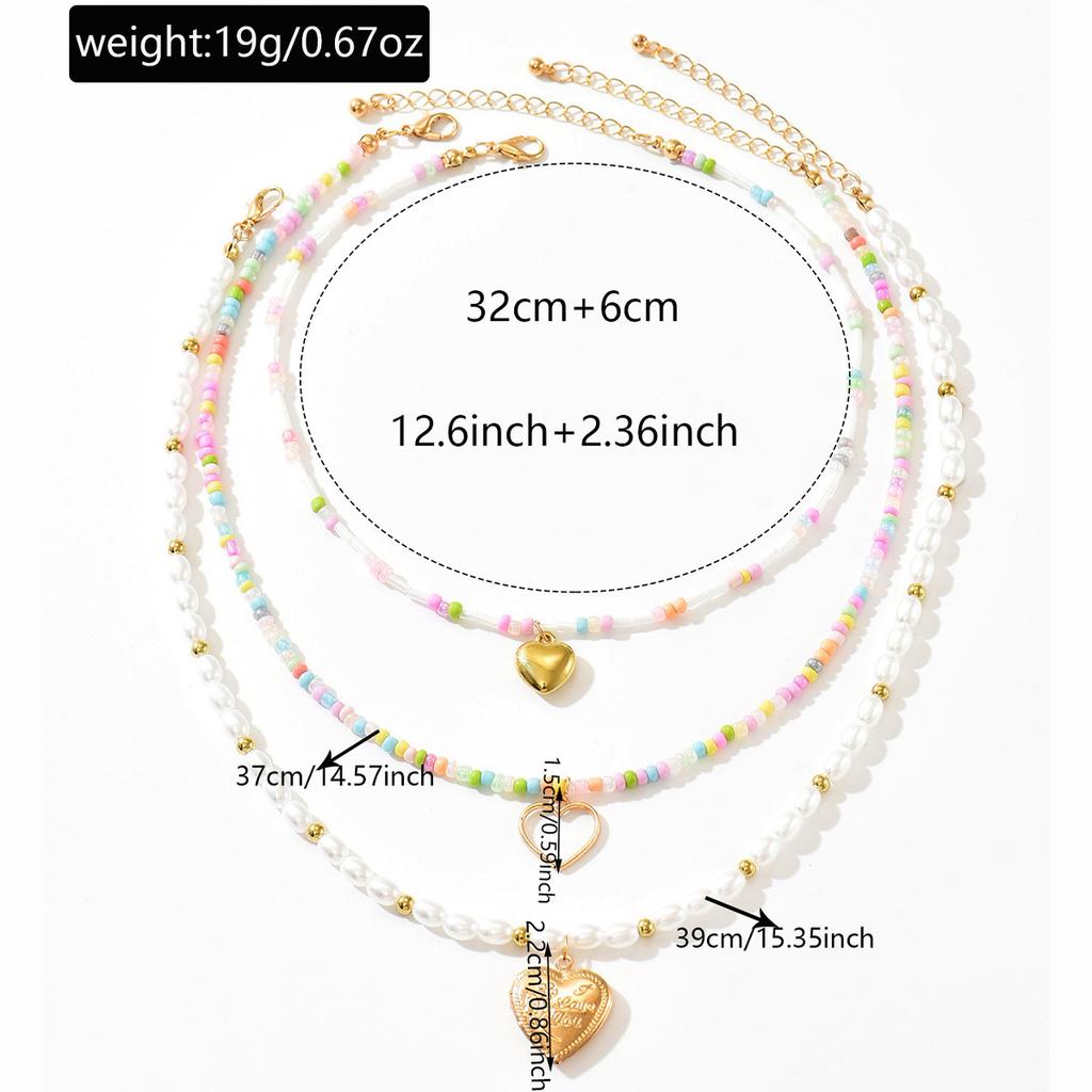 Ensemble de 3 colliers superposés colorés style Bohème avec perles imitation perle, cœur, ras-de-cou pour femmes, filles, enfants, bijoux d'été faits main, cadeau