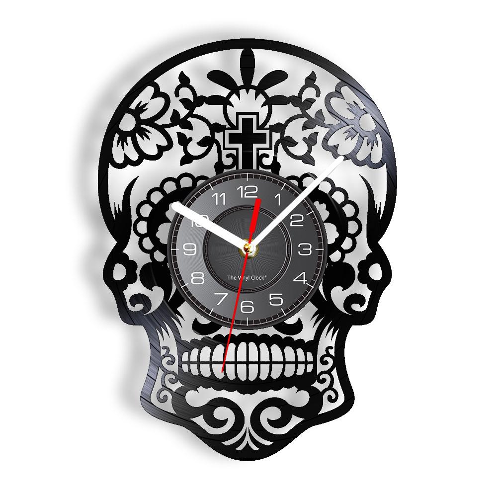 Schädel-Kopf-Vinyl-Schallplatten-Wanduhr im Alter von Skelett-Kopf-Wanduhr, Skelett-Vampir-Männer, Halloween-Dekor, Wandbehang-Uhr