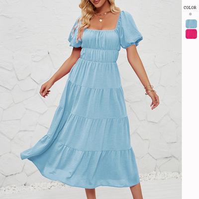 Casual Resort Square Neck Puff Sleeves High Waist Pleated Flowing A-line Maxi Sundress