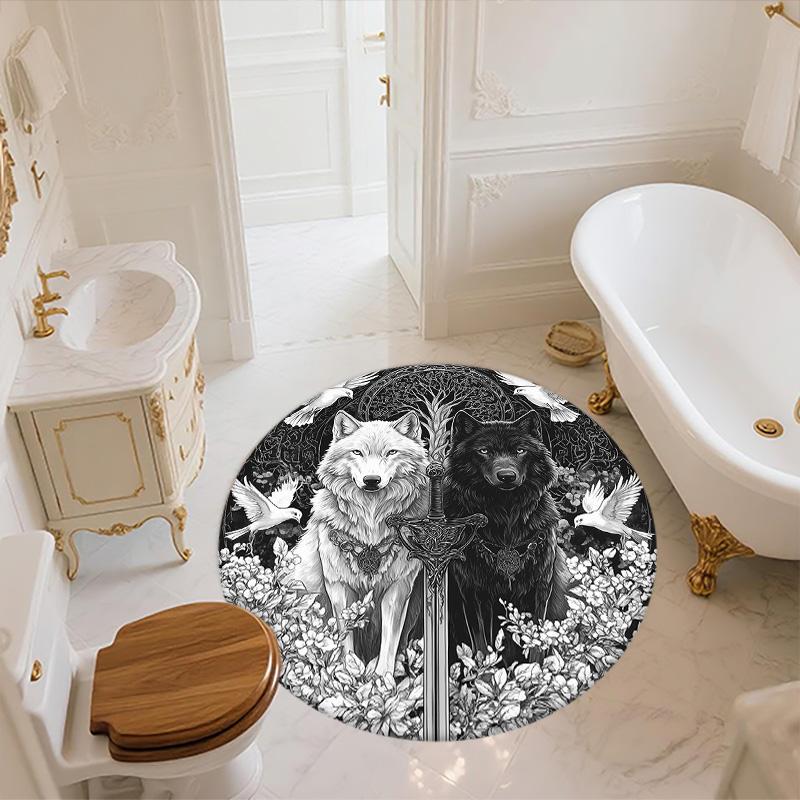 Black and White Wolf,Round Area Rug,Carpet Rug for Living Room Bedroom Sofa Playroom Decor,Non-slip Floor Mat