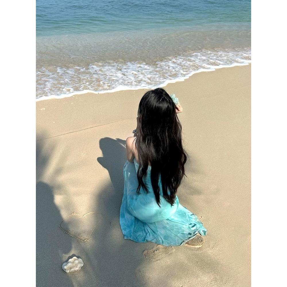 French Green Print Suspender Dress Women's Summer Temperament Waist Seaside Vacation Fishtail Skirt Mesh Beach Skirt