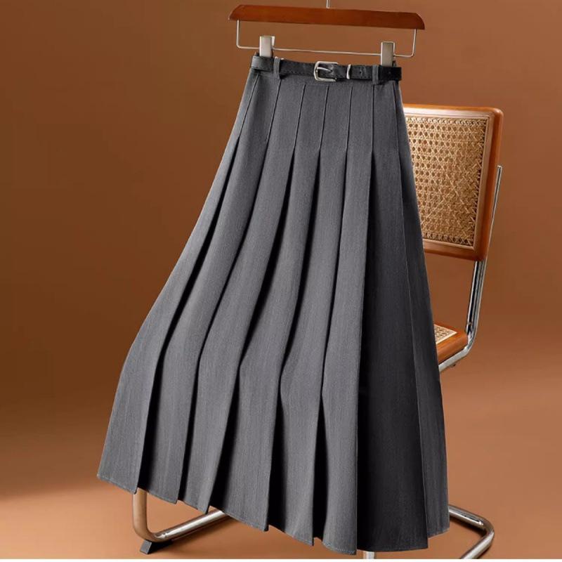 

Women s Retro Gray Pleated A-Line Skirt - Slimming Mid-Length, Casual Autumn Wear 2XL (128-140 Jin) серый