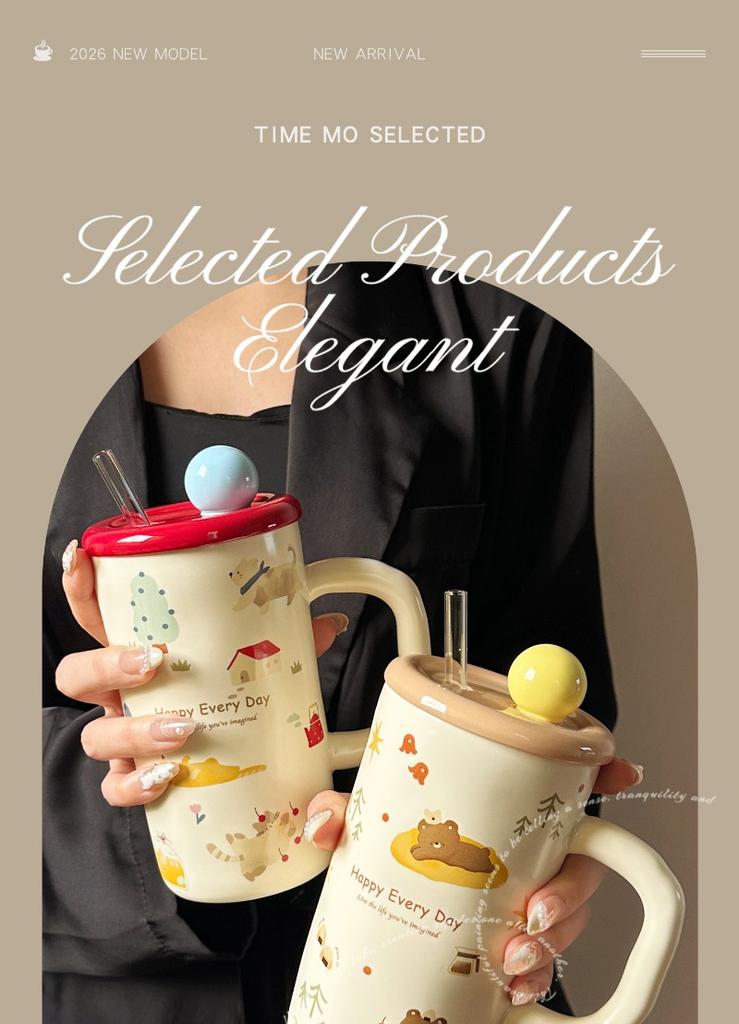 570ML Super Cute Cute Pet Straw Cup, Girlfriend Couple Cartoon Ceramic Mug with Lid,Office Drinking Cup,Milk Juice Cup,Girl Gift