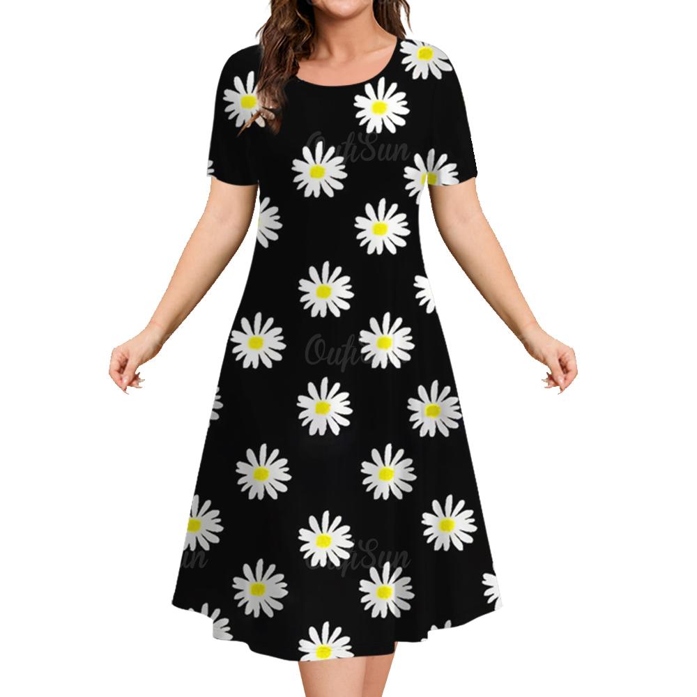 Women's Dresses 2025 Summer  Flower Elements  Dresses Elegant Casual Loose fashion Short Sleeve Dresses