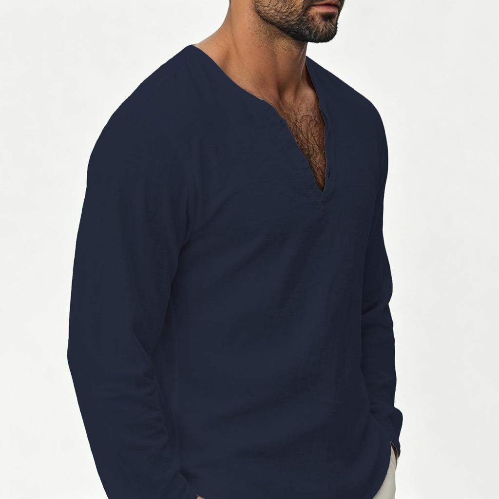 Men's Long Sleeve V-Neck Shirt, Casual Breathable Color Loose Fit Top for Spring Fall Beach