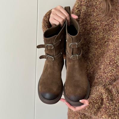 Versão pele de ovelha fivela de cinto moda retrô botas cowboy ocidentais botas curtas finas botas Martin femininas botas locomotiva