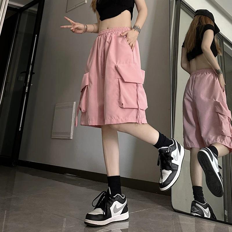 Pantaloni scurți cargo cu talie înaltă pentru femei, îmbrăcăminte de stradă în stil american, pantaloni largi de vară, pantaloni scurți largi, cu buzunar mare, pentru femei, noi