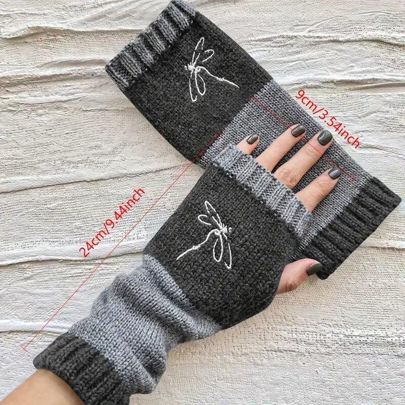 Chinese Embroidered Dragonfly Half Finger Gloves Long Wrist Protection Warm Gloves Touch Screen Outdoor Travel Finger Gloves