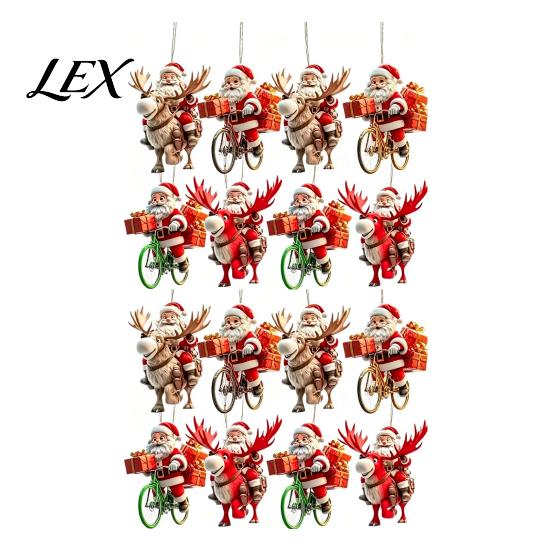 Indoor Christmas Theme Ornaments 8/16/24/32Pcs 2D Flat Wooden Ornaments, Santa Claus Riding Bicycle Hanging Winter Holiday Craft Decorations