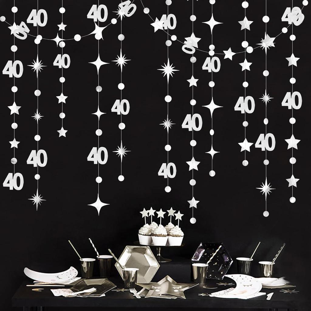 Champagne Gold 40th Birthday Decorations Number 40 Circle Dot Twinkle Star Garland Streamer Banner Backdrop for Women Mens Cheers To 40 Years Old