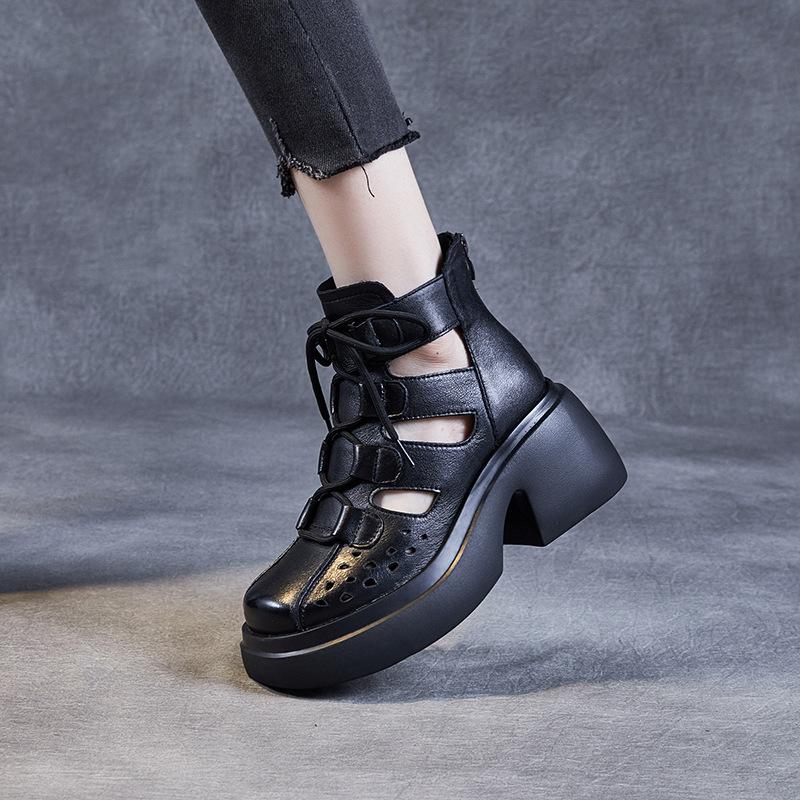 First Layer Cowhide Cool Boots Women's Summer 2025 New Retro Hollow Platform Sandals Women's Roman Net Boots Women's Boots