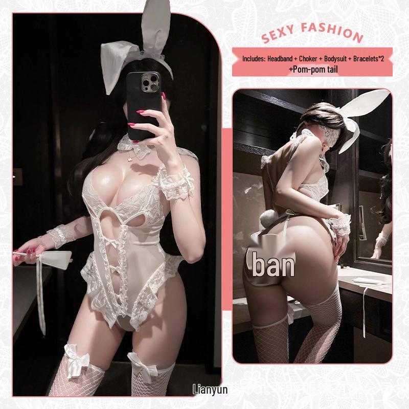 Sexy Bunny Temptation Lace Lingerie Set with Open Crotch Pajama Style.