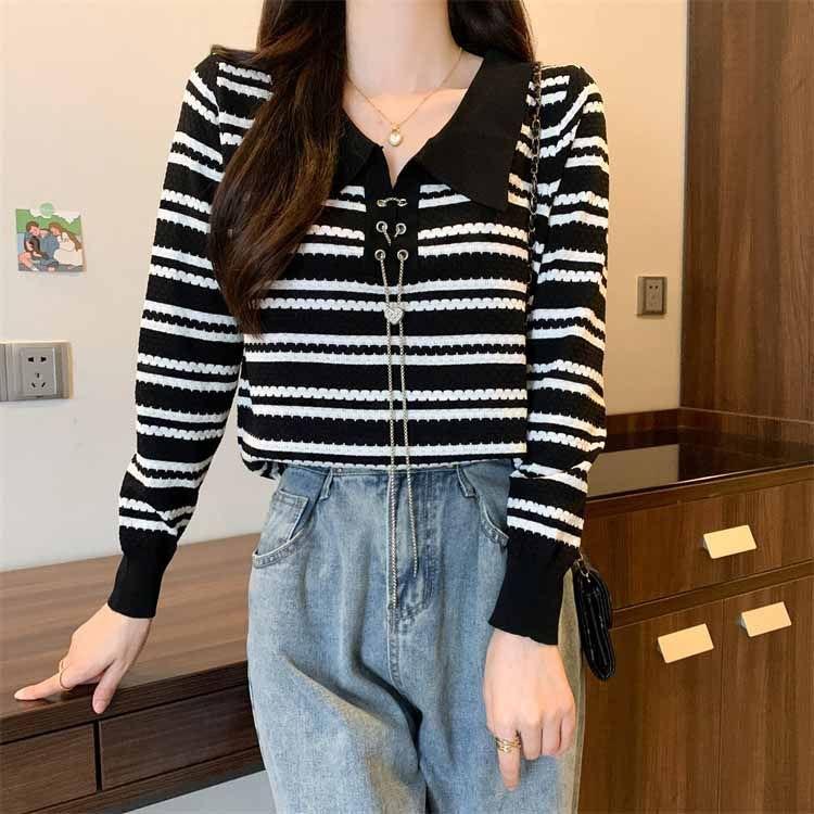 POLO Collar Chain Long Sleeved Striped Knitted Sweater Women's Autumn Outfit New Slim Fit Short Top Base Shirt Women's Clothing