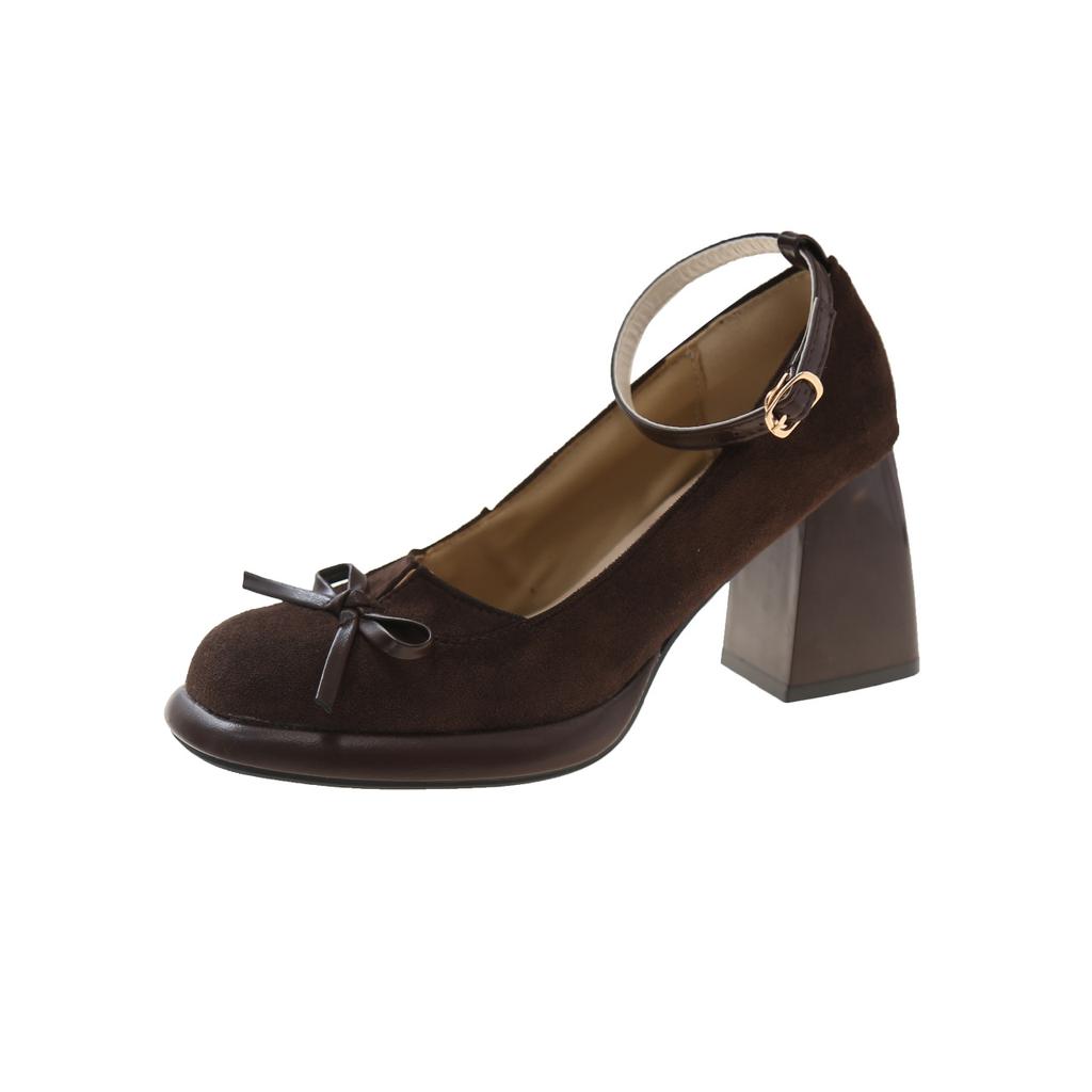 Fashion Retro French Thick Heel Temperament Mary Jane Shoes Women Suede Ankle Buckle Pumps Bow Thick High Heels Elegant Women's Shoes
