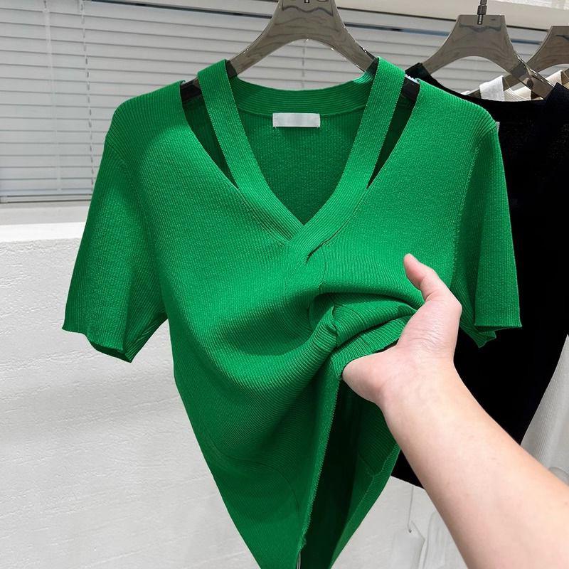Summer 2025 Ice Silk V-Neck Hollow Slimming T-Shirt