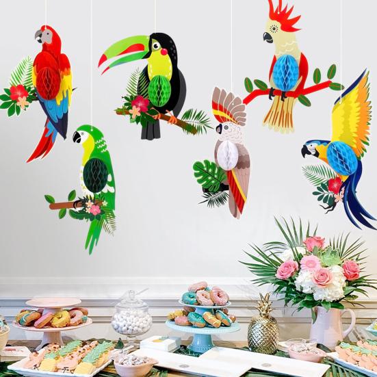 6 Stück Papagei Wabenpapier Ausschnitte Tropische Vögel Wabendekoration für Hawaiianische Luau Tiki Sommerparty Zubehör