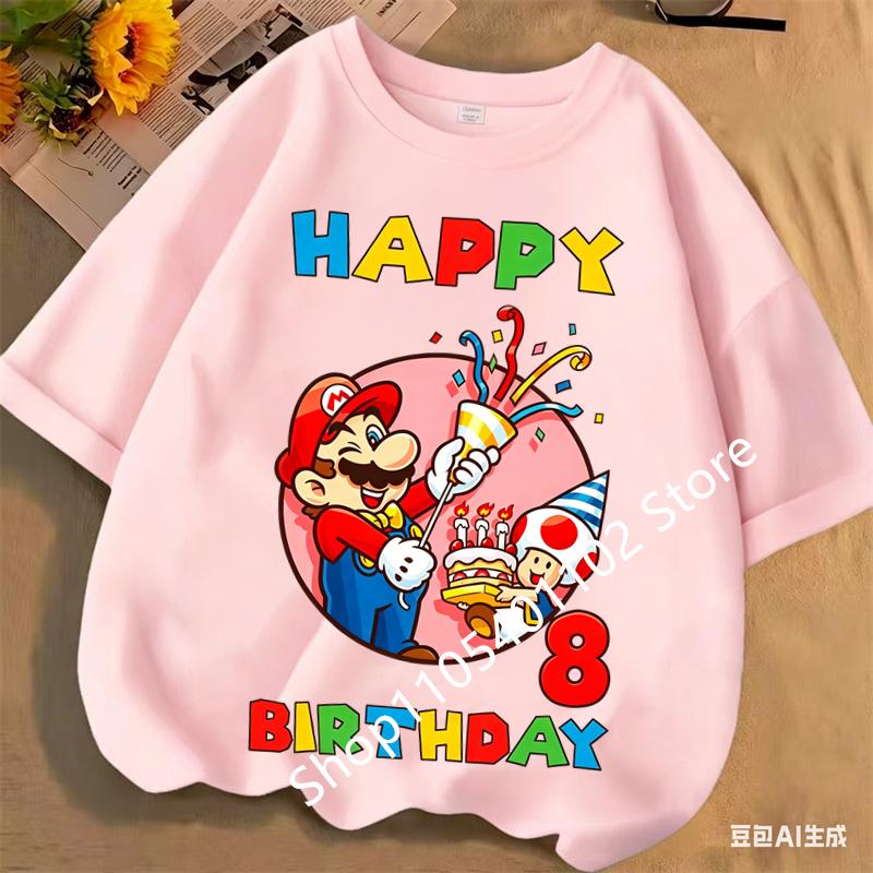 2026 New Super Marios Bros Childrens Pure Cotton Tshirts Anime Birthday Numbers 19 Cute Anime Childrens Casual Tshirts