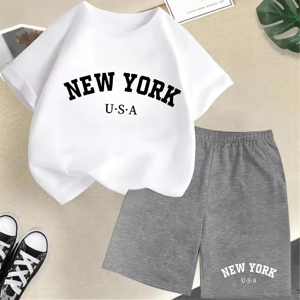 2026 New Kids Boys Girls New York Letter Pattern Polyester T-shirt+Shorts 2-Piece Set Casual Daily