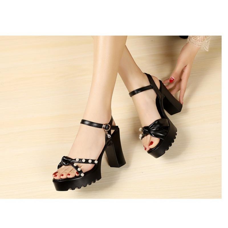 Sandale cu Toc Înalt, Platformă Groasă Impermeabilă, Versatile, Vară, Piele Moale, Perlă, Confortabile, Elegante, Pantofi de Damă care Cresc Înălțimea