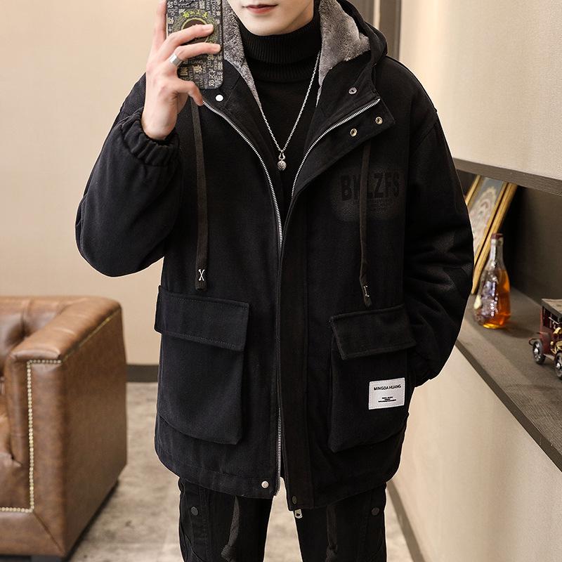 Trendy Mid-Length Men’s Winter Denim Parka with Plus Velvet Hood