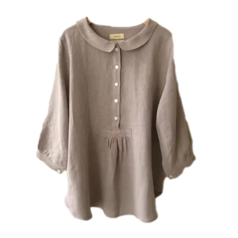 Korean Doll Neck Single Breasted Half Open Shirt Women Sweet Style Solid Color Sleeve Blouse