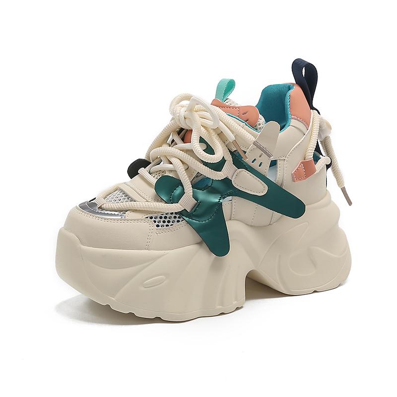 

Новые весенние сетчатые кроссовки женские блестящие на платформе спортивная обувь женская готическая толстая подошва высокий каблук женские 8 см летние полые кроссовки 34 зелёный