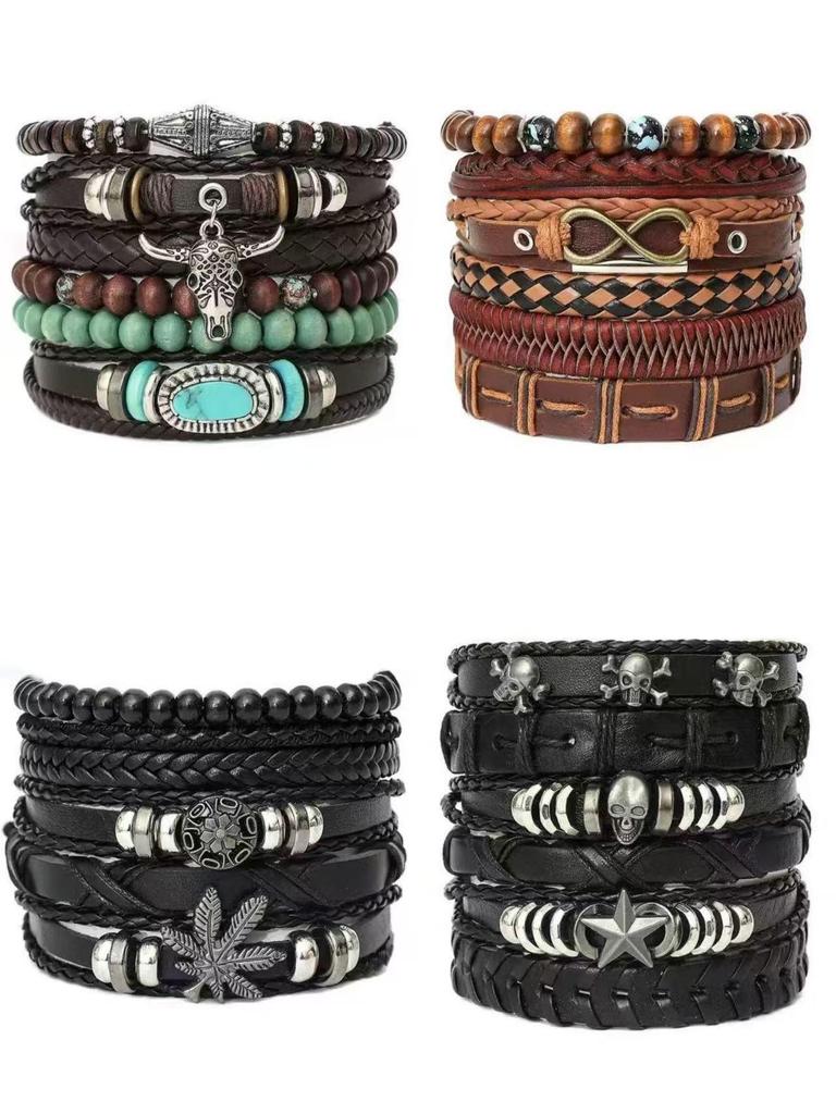 Retro Handmade Men's Woven Leather Bracelet with Bull Head & Feather Decor.