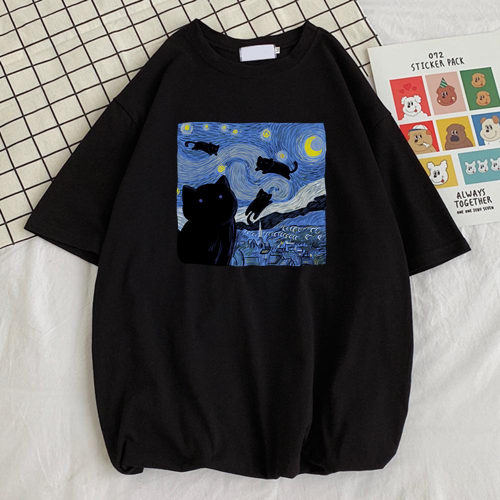 Vincent Van Gogh Starry Night Cute Cat Unisex Cotton Short Sleeve Crewneck Casual Tops Creative Oversize Short Sleeve Unisexs Clothing