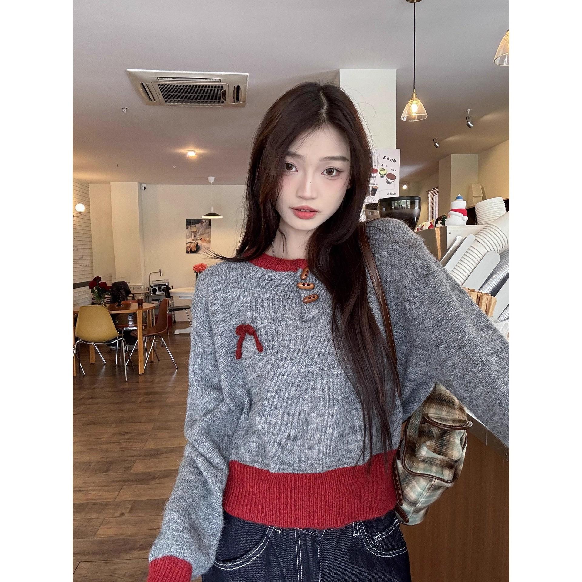 Gray red retro sweater women s autumn and winter inner soft waxy knitted sweater autumn and winter wear one size fits all