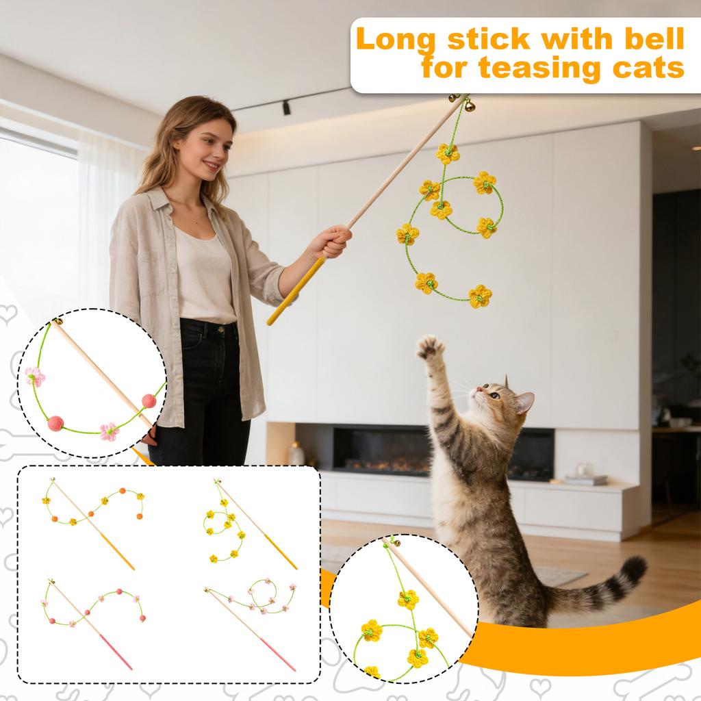Long Wooden Handle Cats Teaser Wand With Bell - Interactive Chew-Resistant Cats Toy For Kittens & Adult Cats