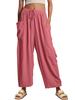 Elastic waisted pleated high waisted wide leg pants, loose casual cotton and linen pants