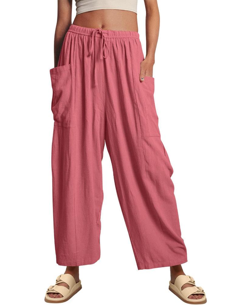 Elastic waisted pleated high waisted wide leg pants, loose casual cotton and linen pants