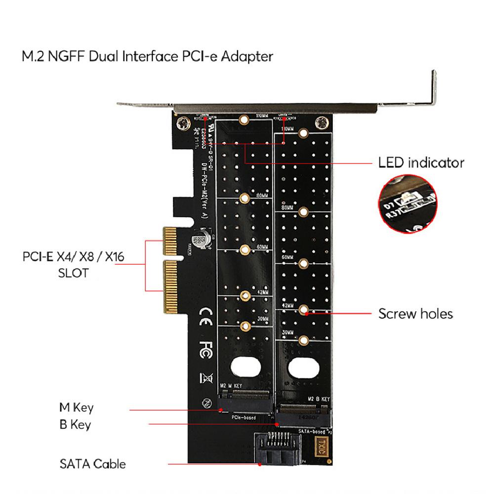 Dual M.2 to PCIe Adapter M.2 NVMe SSD to PCIe Adapter & NGFF (B+M Key) SSD to SATA Controller Expansion Card
