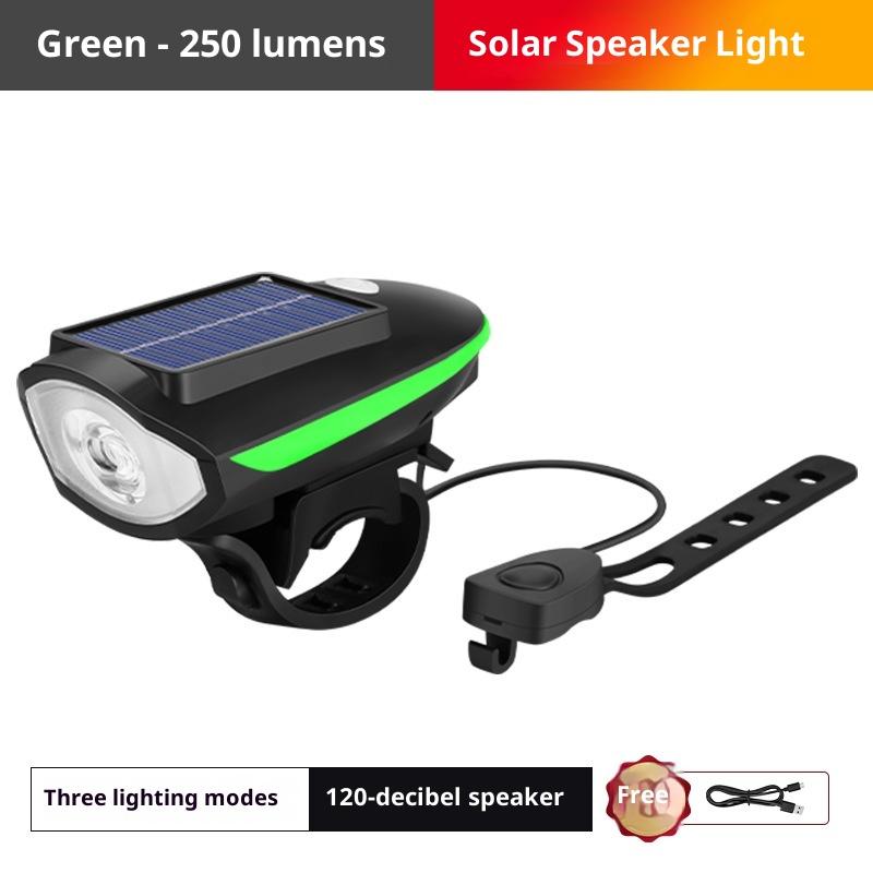 Solar Bike Headlight USB Rechargeable Bike Solar Front Light With Horn 120dB 3 Lighting Modes For Night Riding Bike Accessories зелёный