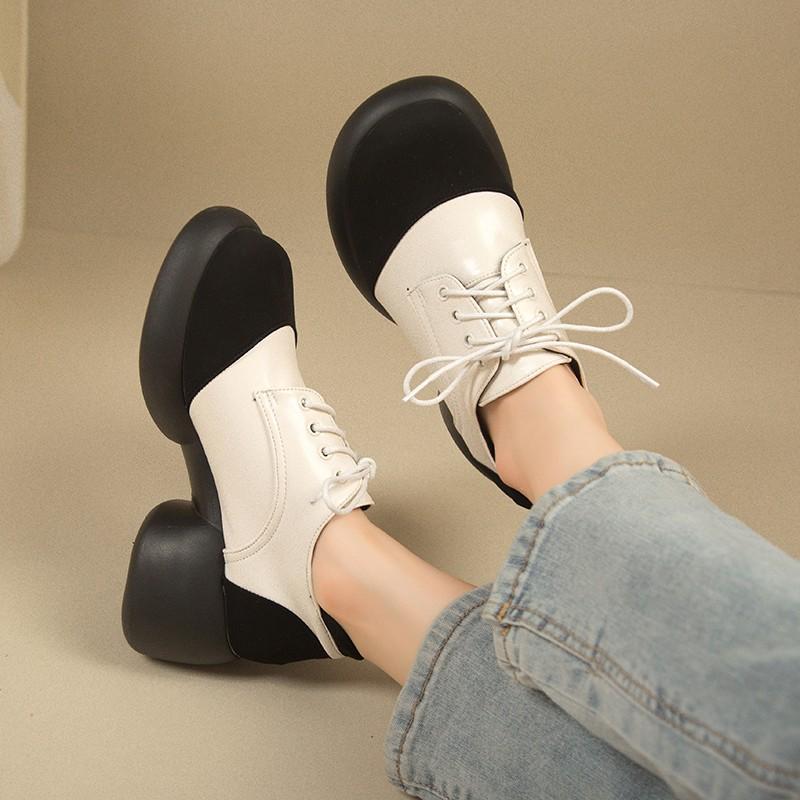 Fashion Women's Fashion Thick Heel Shoes Spring New Round Head Deep Mouth Splicing Front Lacing Thick Sole Mid-heel Shoes