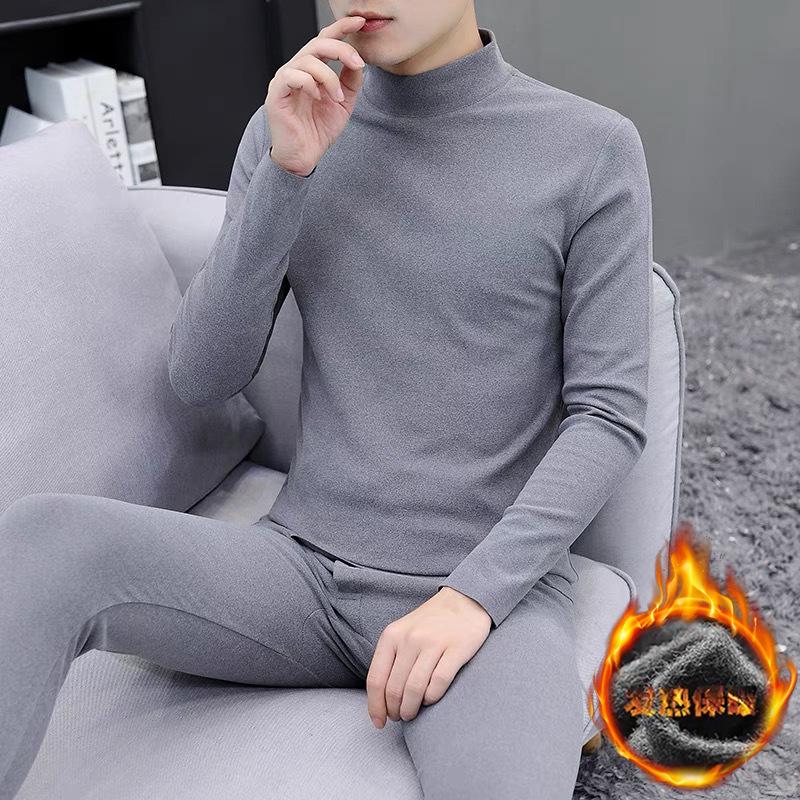 Men's Double-Sided German Velvet Semi-High Neck Warm Set for Autumn & Winter